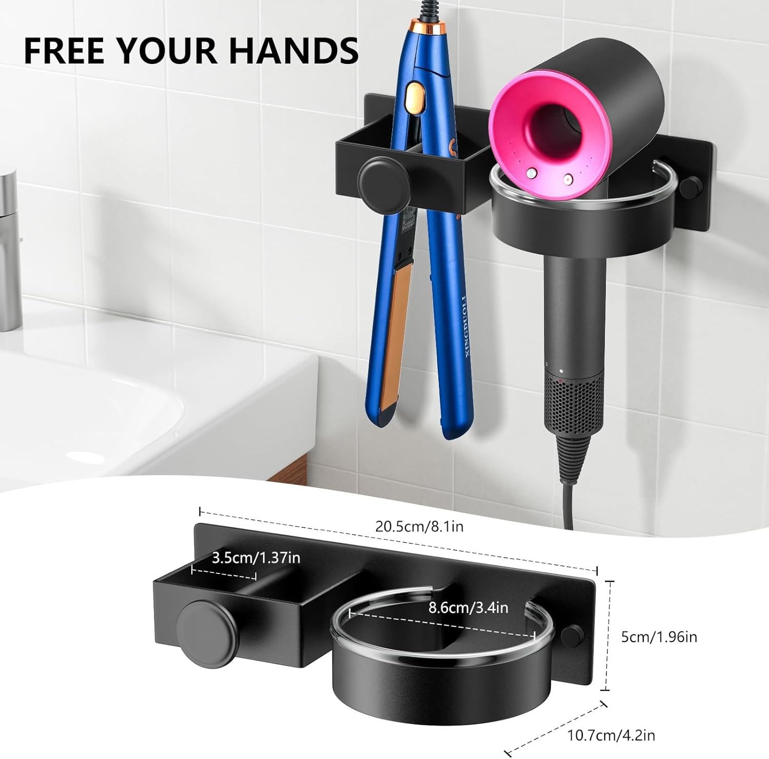 YUET Hair Dryer Holder Hairdryer Straightener Station Wall Mounted/Self Adhesive Spiral Shelf Bracket Stand Hanger Organizer Blow Storage With Cable Tidy Rack For Dyson Dressing Table Bathroom Black