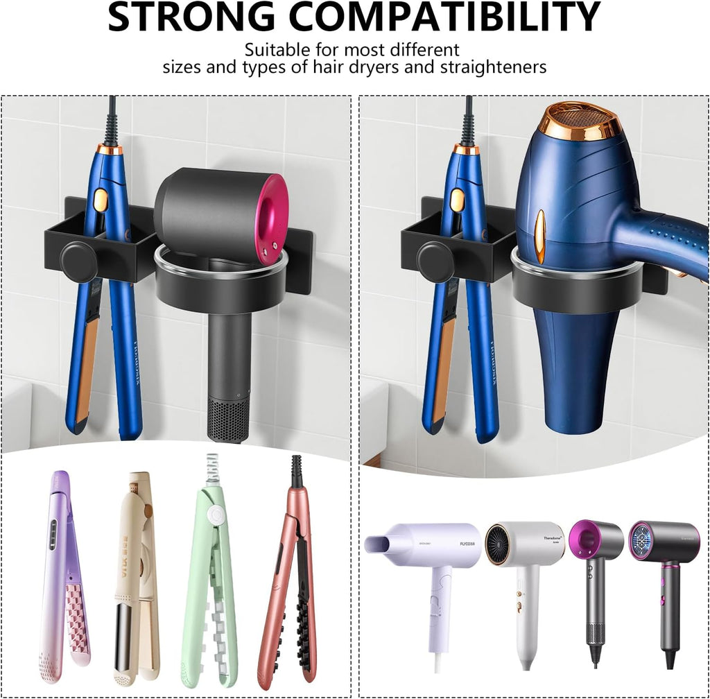 YUET Hair Dryer Holder Hairdryer Straightener Station Wall Mounted/Self Adhesive Spiral Shelf Bracket Stand Hanger Organizer Blow Storage With Cable Tidy Rack For Dyson Dressing Table Bathroom Black