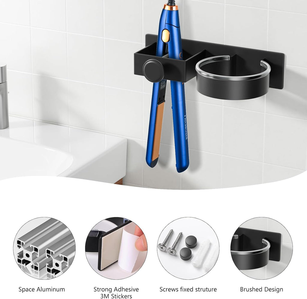 YUET Hair Dryer Holder Hairdryer Straightener Station Wall Mounted/Self Adhesive Spiral Shelf Bracket Stand Hanger Organizer Blow Storage With Cable Tidy Rack For Dyson Dressing Table Bathroom Black