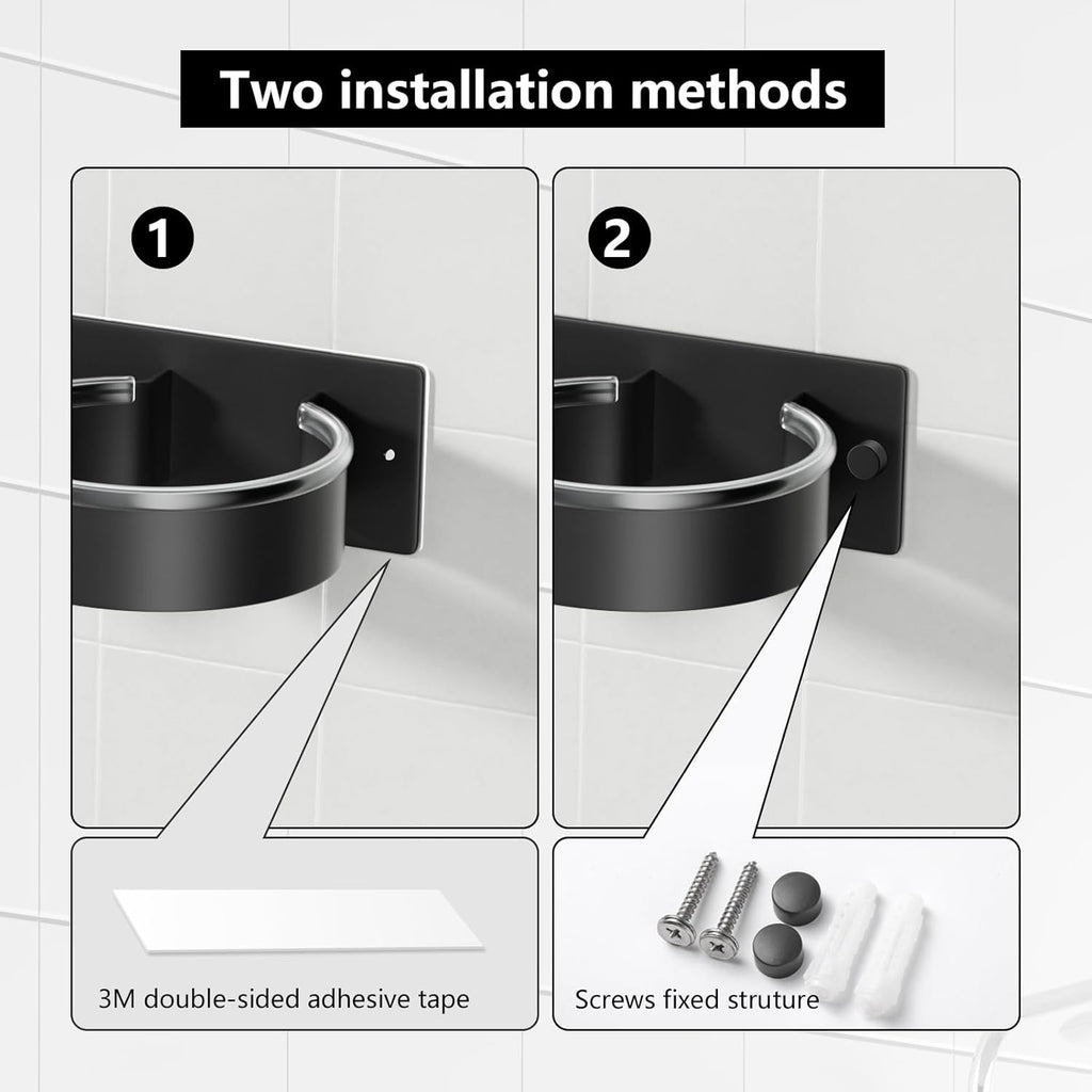 YUET Hair Dryer Holder Hairdryer Straightener Station Wall Mounted/Self Adhesive Spiral Shelf Bracket Stand Hanger Organizer Blow Storage With Cable Tidy Rack For Dyson Dressing Table Bathroom Black