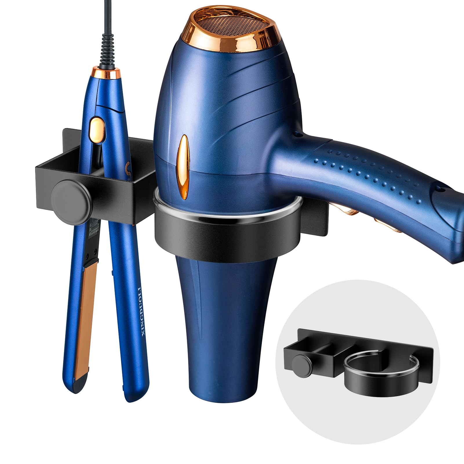 YUET Hair Dryer Holder Hairdryer Straightener Station Wall Mounted/Self Adhesive Spiral Shelf Bracket Stand Hanger Organizer Blow Storage With Cable Tidy Rack For Dyson Dressing Table Bathroom Black