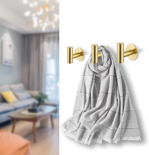 YUET Brushed Brass 2 Pcs Bathroom Towel Hook Self Adhesive,Stick on Metal Coat Hooks Robe Hooks SUS 304 Stainless Steel Heavy Duty Door Hanger Clothes Closet Holder No Drill for Bathroom Hotel Gold