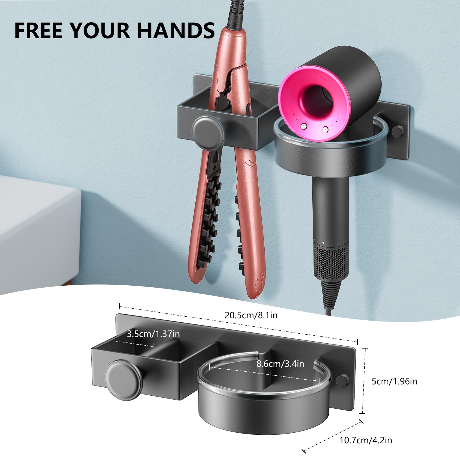 YUET Hair Dryer Holder Hairdryer Straightener Station Wall Mounted/Self Adhesive Spiral Shelf Bracket Stand Hanger Organizer Blow Storage With Cable Tidy Rack For Dyson, Dressing Table Bathroom Grey