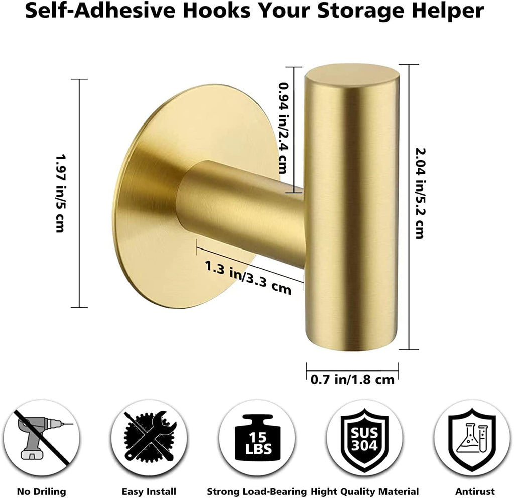 YUET Brushed Brass 2 Pcs Bathroom Towel Hook Self Adhesive,Stick on Metal Coat Hooks Robe Hooks SUS 304 Stainless Steel Heavy Duty Door Hanger Clothes Closet Holder No Drill for Bathroom Hotel Gold