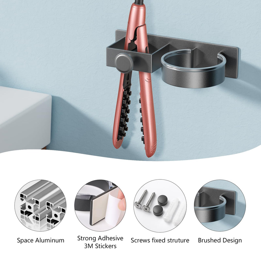 YUET Hair Dryer Holder Hairdryer Straightener Station Wall Mounted/Self Adhesive Spiral Shelf Bracket Stand Hanger Organizer Blow Storage With Cable Tidy Rack For Dyson, Dressing Table Bathroom Grey
