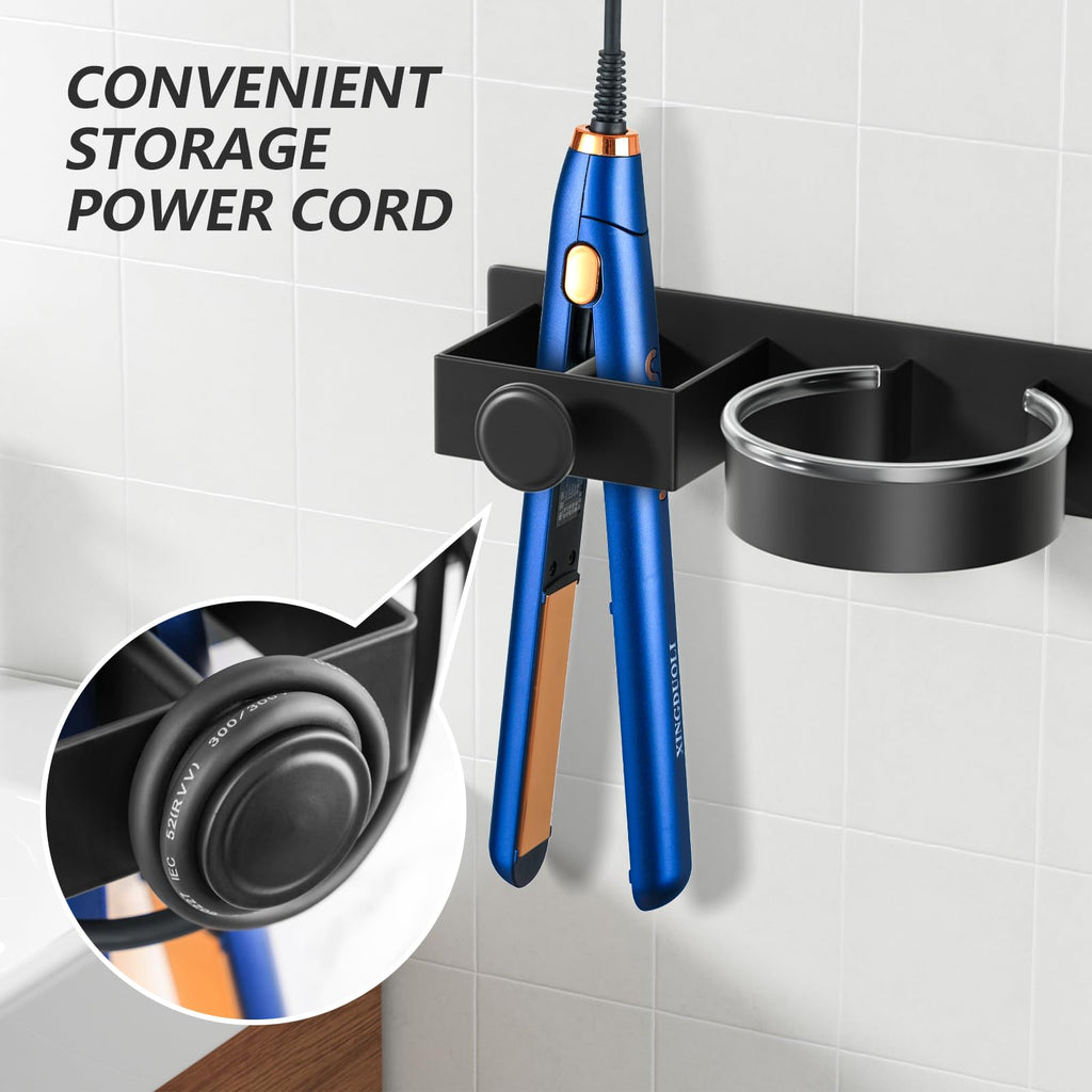 YUET Hair Dryer Holder Hairdryer Straightener Station Wall Mounted/Self Adhesive Spiral Shelf Bracket Stand Hanger Organizer Blow Storage With Cable Tidy Rack For Dyson Dressing Table Bathroom Black