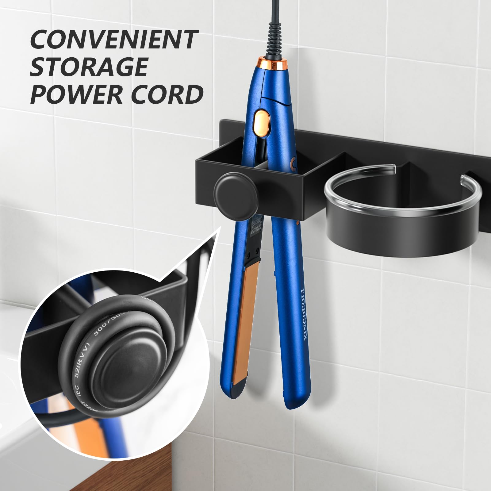 YUET Hair Dryer Holder Hairdryer Straightener Station Wall Mounted/Self Adhesive Spiral Shelf Bracket Stand Hanger Organizer Blow Storage With Cable Tidy Rack For Dyson Dressing Table Bathroom Black