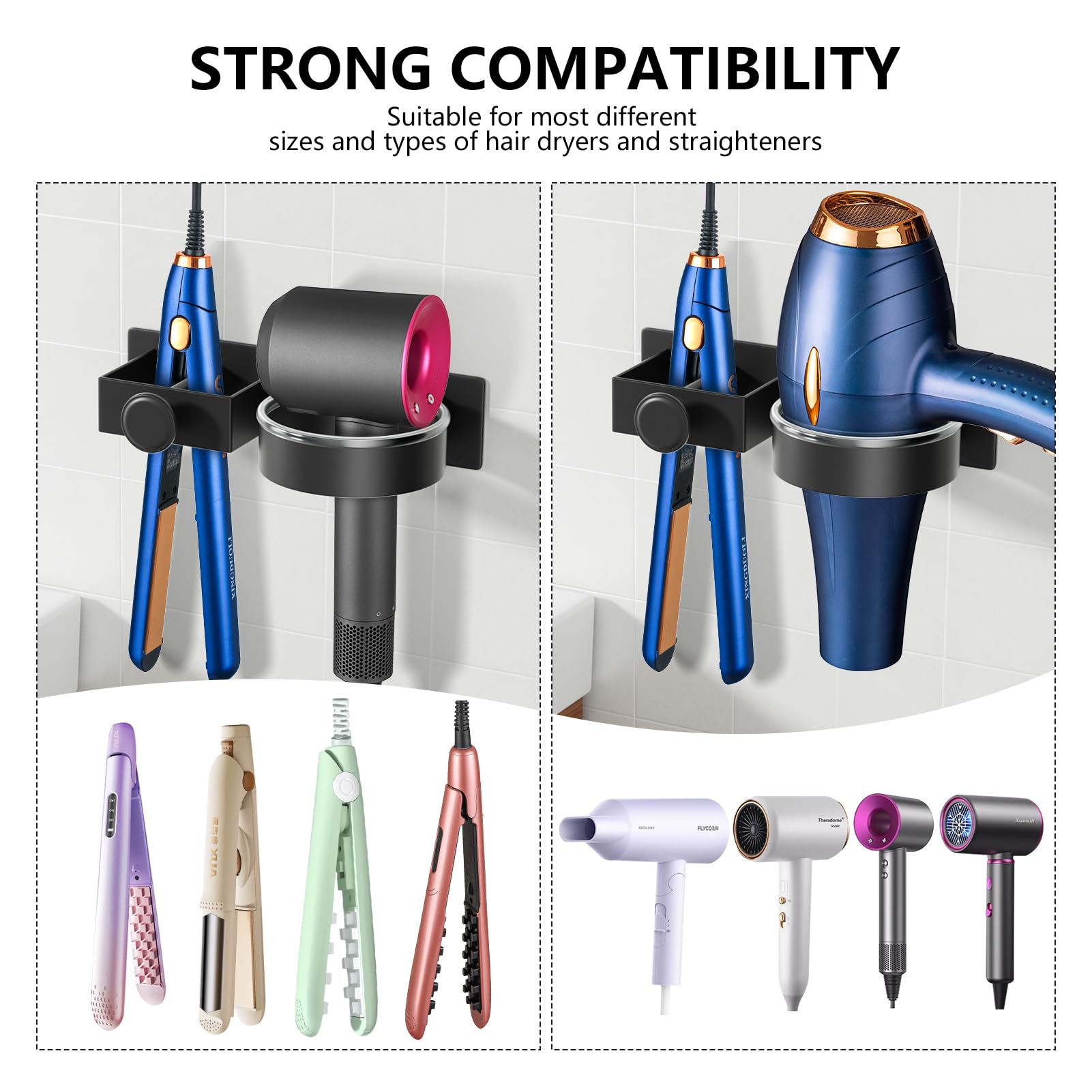 YUET Hair Dryer Holder Hairdryer Straightener Station Wall Mounted/Self Adhesive Spiral Shelf Bracket Stand Hanger Organizer Blow Storage With Cable Tidy Rack For Dyson Dressing Table Bathroom Black