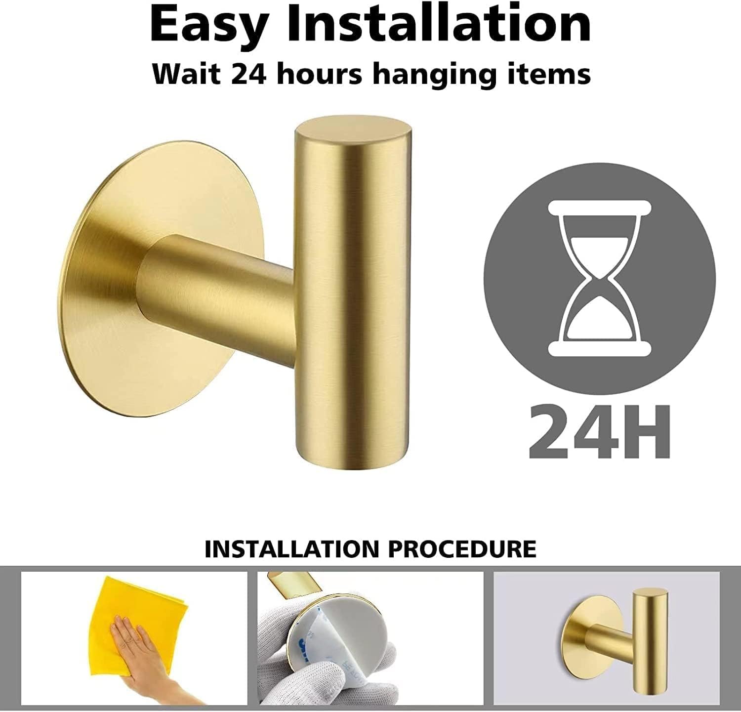 YUET Brushed Brass 2 Pcs Bathroom Towel Hook Self Adhesive,Stick on Metal Coat Hooks Robe Hooks SUS 304 Stainless Steel Heavy Duty Door Hanger Clothes Closet Holder No Drill for Bathroom Hotel Gold