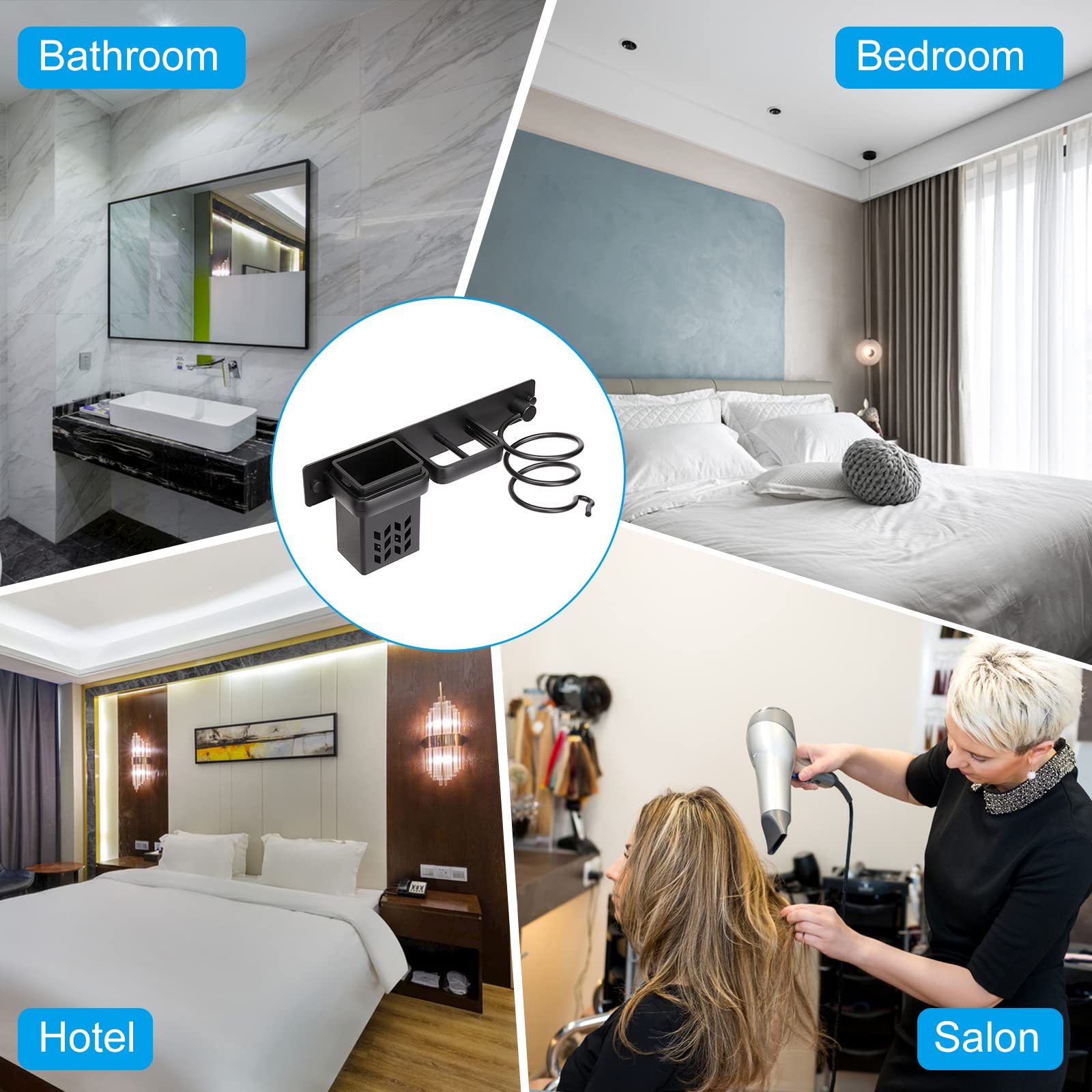YUET Haartrocknerhalter mit Kabelhalter Föhnhalter Wandmontage, Halterung für Haartrockner und Glätteisen Aluminium, Badorganizer Multifunktional Hotel Baderzimmer Wohnzimmer Barbershop, Schwarz