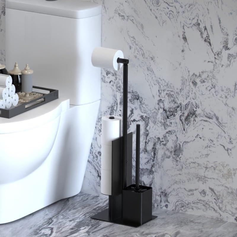 YUET Toilet Roll Holder Free Standing, Stainless Steel Freestanding Toilet Paper Holder with Glass Baffle, Matte Black Toilet Roll Holder and Brush for Bathroom