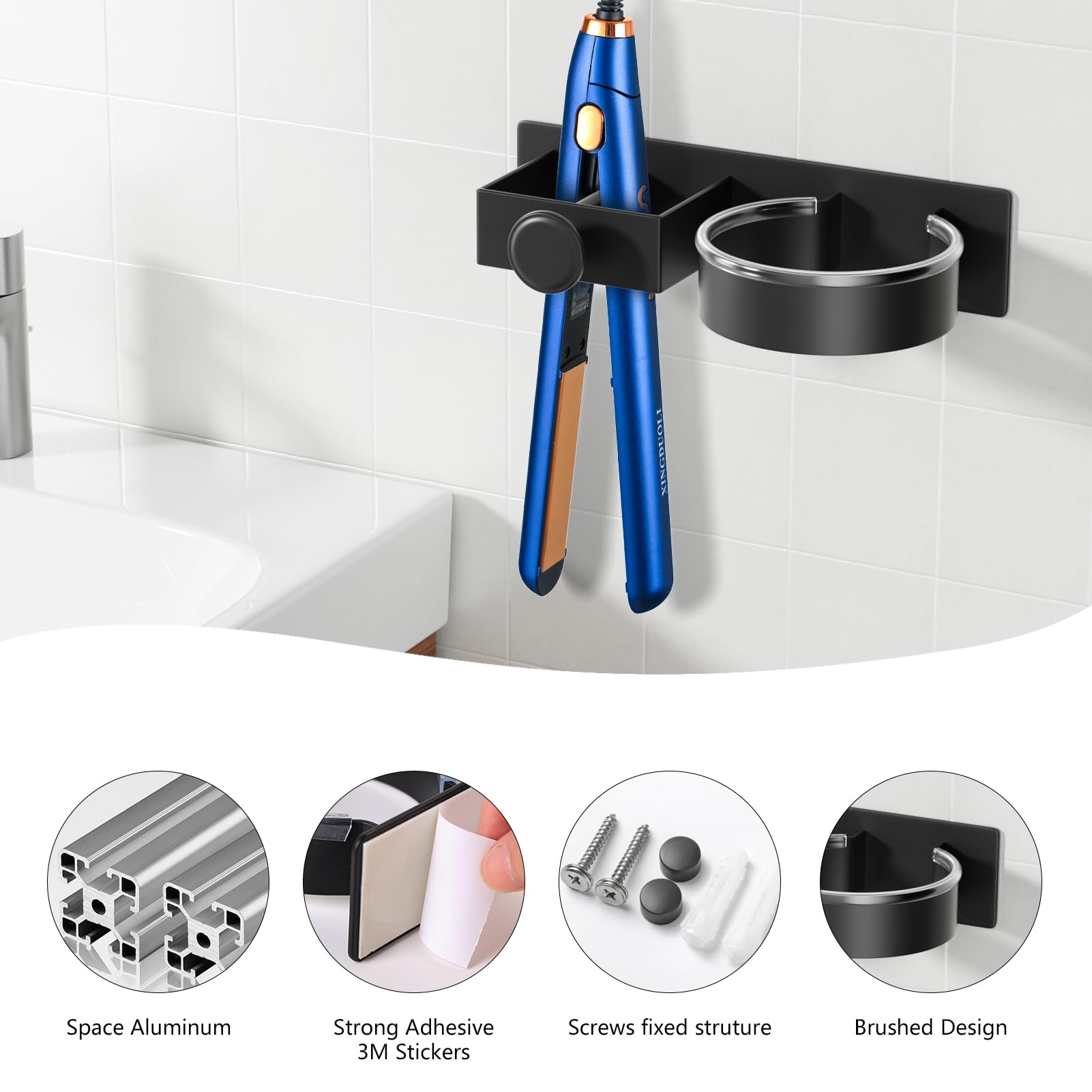 YUET Hair Dryer Holder Hairdryer Straightener Station Wall Mounted/Self Adhesive Spiral Shelf Bracket Stand Hanger Organizer Blow Storage With Cable Tidy Rack For Dyson Dressing Table Bathroom Black