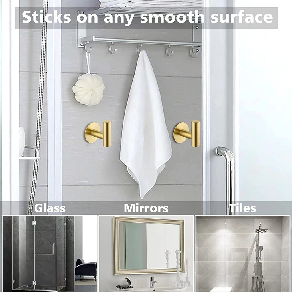 YUET Brushed Brass 2 Pcs Bathroom Towel Hook Self Adhesive,Stick on Metal Coat Hooks Robe Hooks SUS 304 Stainless Steel Heavy Duty Door Hanger Clothes Closet Holder No Drill for Bathroom Hotel Gold
