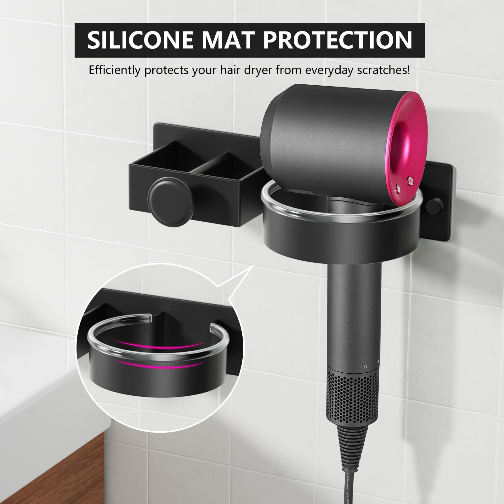 YUET Hair Dryer Holder Hairdryer Straightener Station Wall Mounted/Self Adhesive Spiral Shelf Bracket Stand Hanger Organizer Blow Storage With Cable Tidy Rack For Dyson Dressing Table Bathroom Black