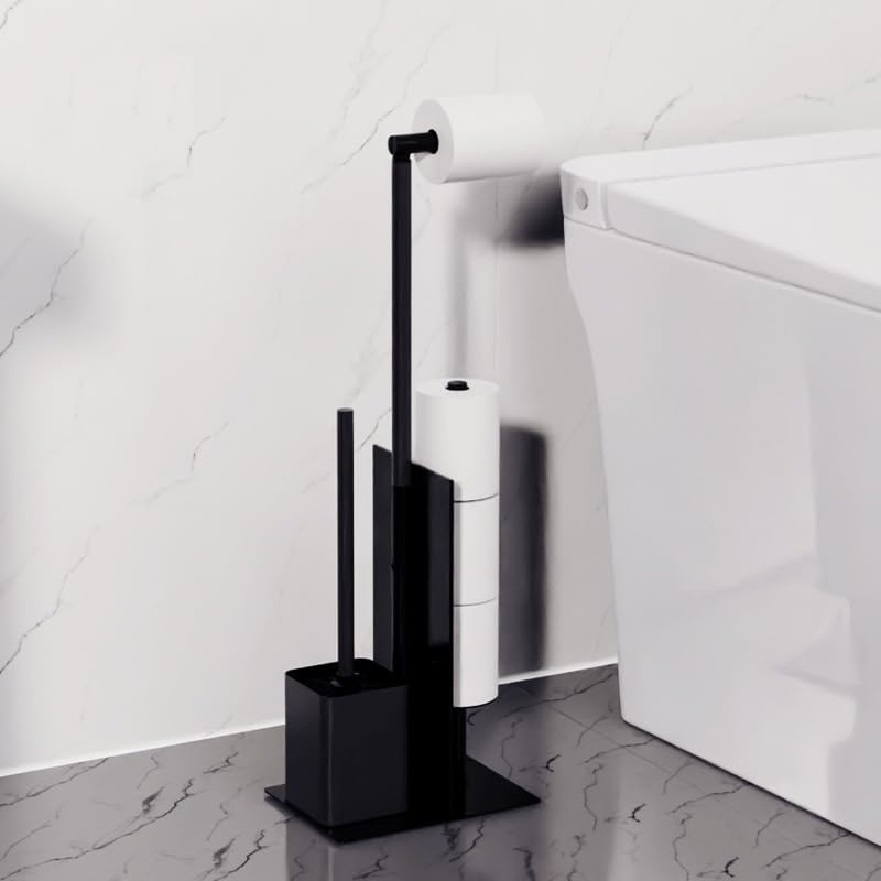 YUET Toilet Roll Holder Free Standing, Stainless Steel Freestanding Toilet Paper Holder with Glass Baffle, Matte Black Toilet Roll Holder and Brush for Bathroom