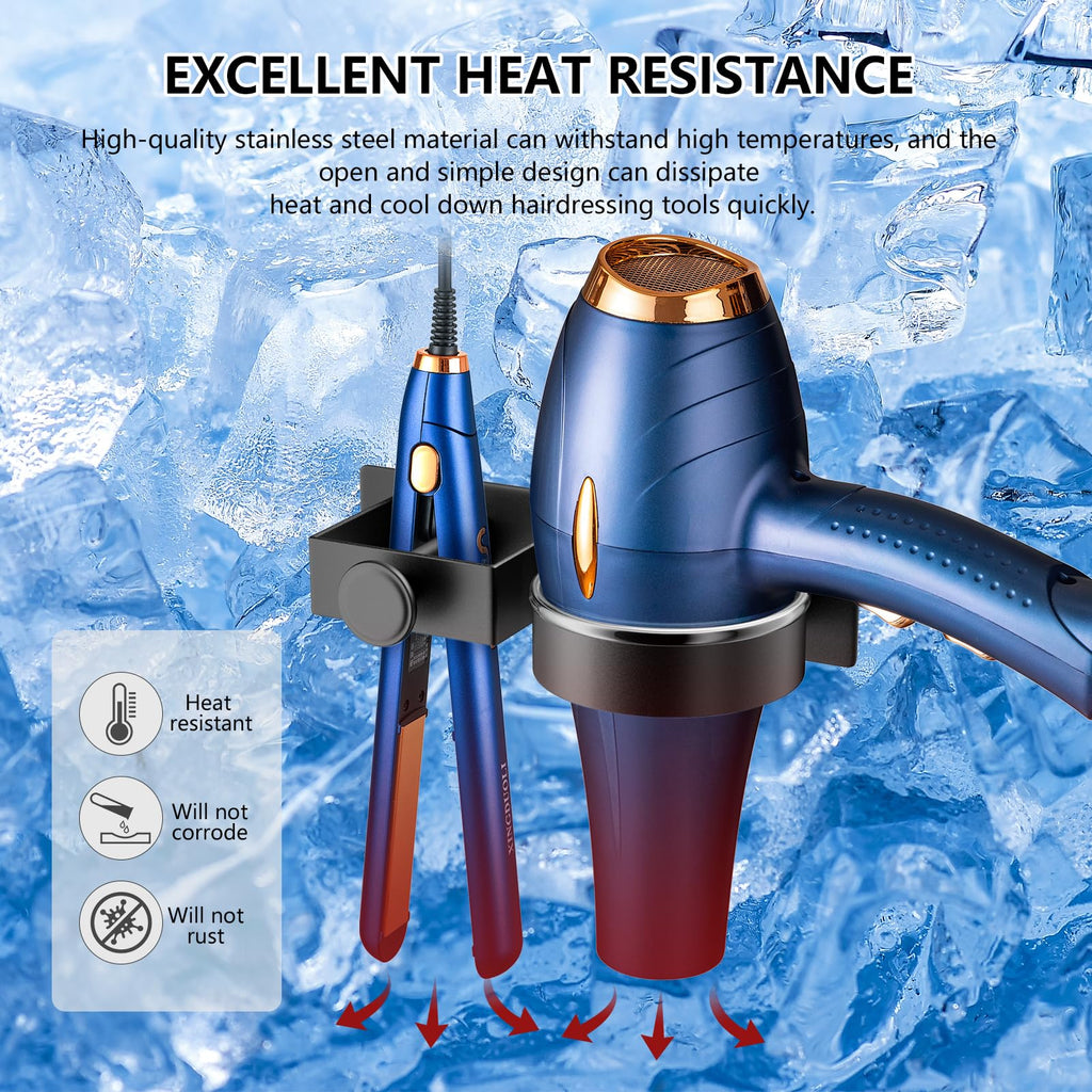 YUET Hair Dryer Holder Hairdryer Straightener Station Wall Mounted/Self Adhesive Spiral Shelf Bracket Stand Hanger Organizer Blow Storage With Cable Tidy Rack For Dyson Dressing Table Bathroom Black