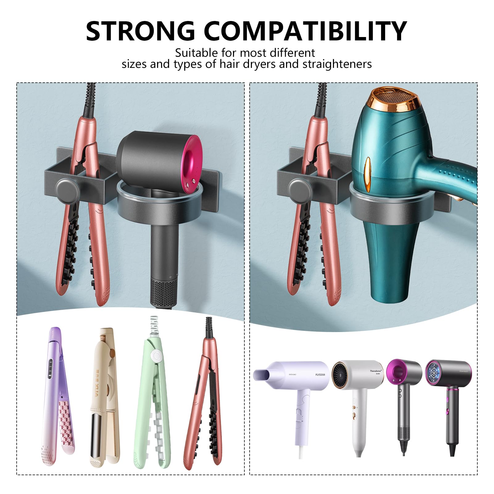 YUET Hair Dryer Holder Hairdryer Straightener Station Wall Mounted/Self Adhesive Spiral Shelf Bracket Stand Hanger Organizer Blow Storage With Cable Tidy Rack For Dyson, Dressing Table Bathroom Grey