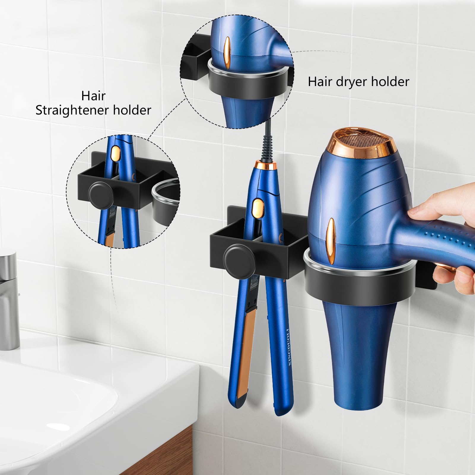 YUET Hair Dryer Holder Hairdryer Straightener Station Wall Mounted/Self Adhesive Spiral Shelf Bracket Stand Hanger Organizer Blow Storage With Cable Tidy Rack For Dyson Dressing Table Bathroom Black