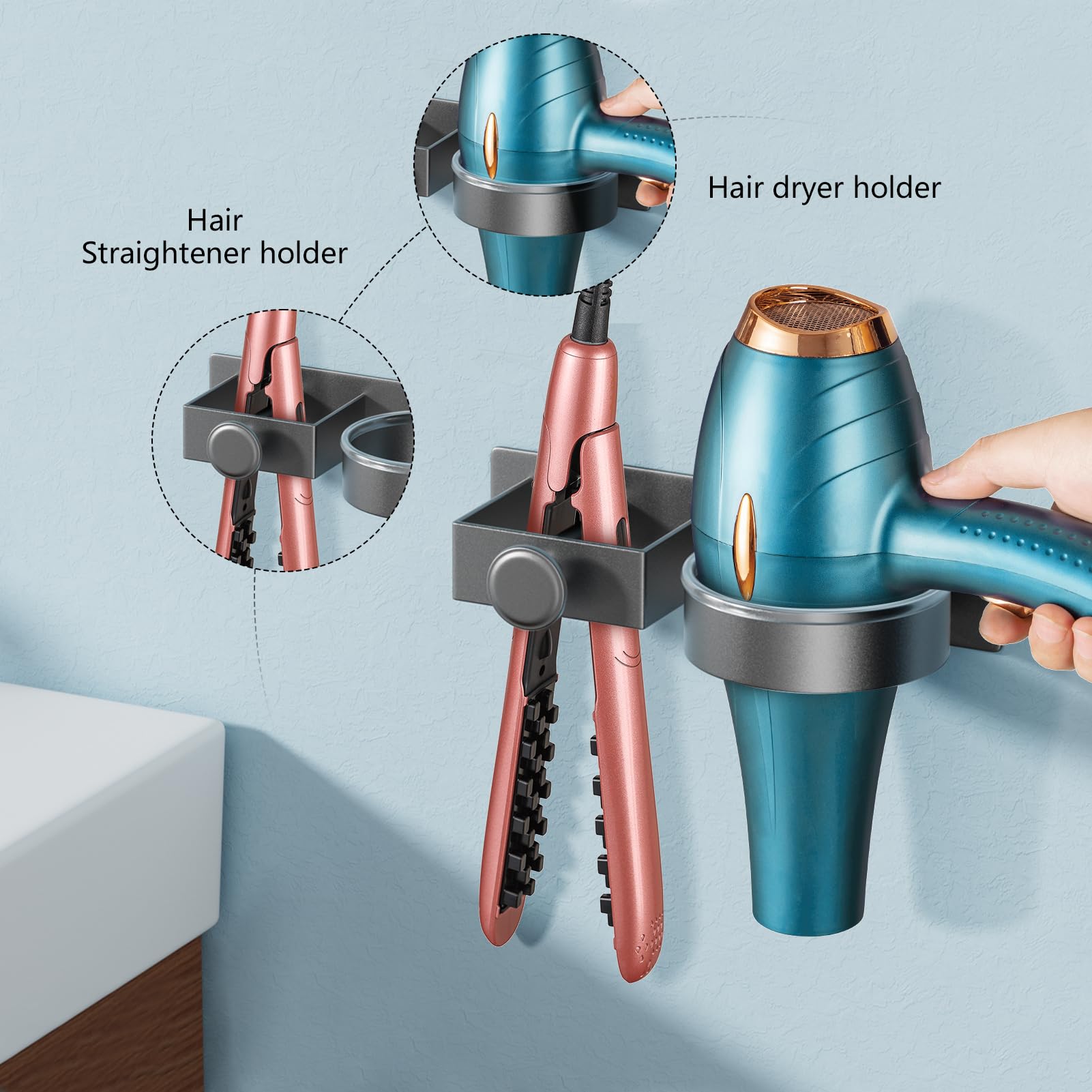 YUET Hair Dryer Holder Hairdryer Straightener Station Wall Mounted/Self Adhesive Spiral Shelf Bracket Stand Hanger Organizer Blow Storage With Cable Tidy Rack For Dyson, Dressing Table Bathroom Grey